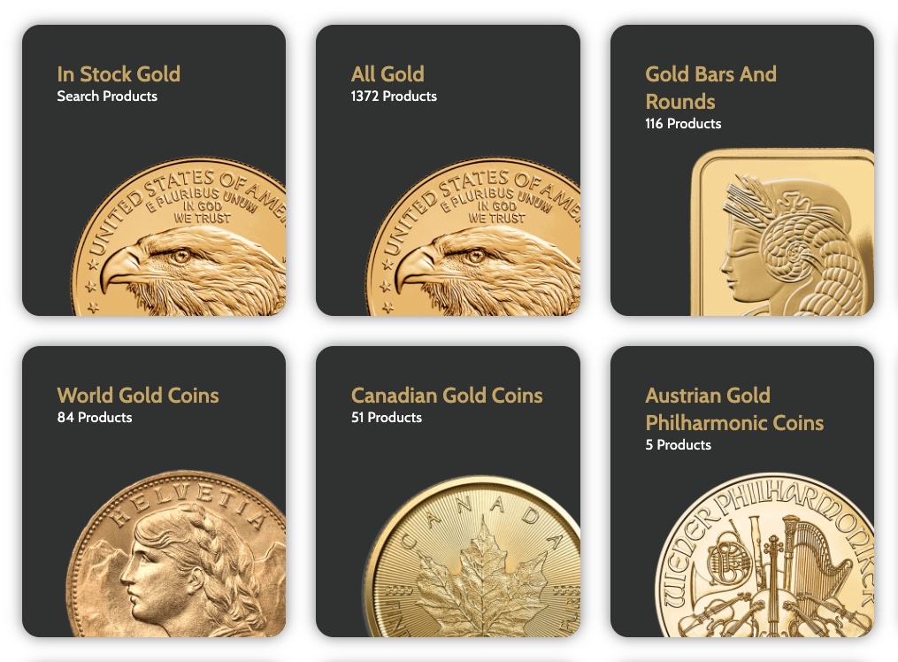 Bullion Standard product catalog page showing a grid of gold coin categories — In Stock Gold, All Gold, Gold Bars and Rounds, World Gold Coins, Canadian Gold Coins, and Austrian Gold Philharmonic Coins — each with product counts and coin imagery, representing the custom catalog architecture built for precious metals buyers.
