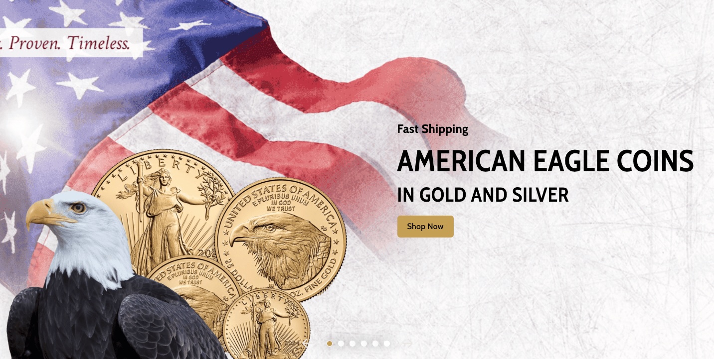 Bullion Standard homepage hero showing American Eagle gold coins against a US flag backdrop with the tagline "Proven. Timeless." and a Shop Now call-to-action — the launch point of a custom-built precious metals e-commerce platform.
