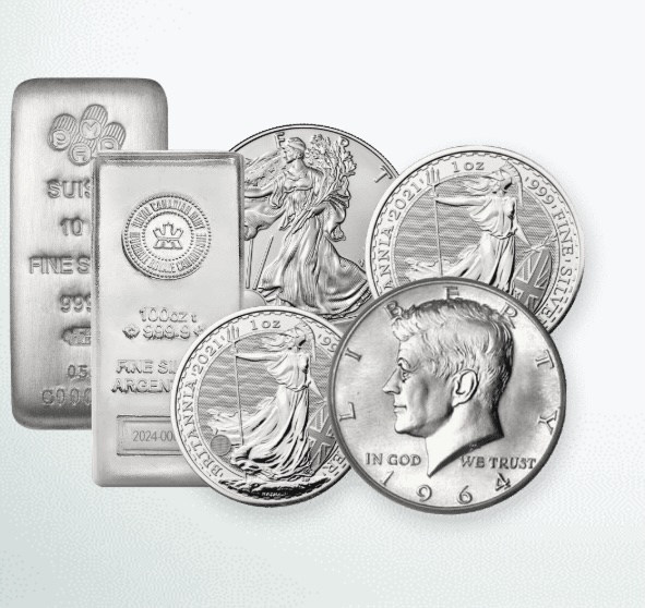 Bullion Standard silver product lineup showing fine silver bars and coins including American Silver Eagles, Britannia coins, and Kennedy half dollars — representing the full product catalog range built across gold, silver, platinum, and palladium formats.