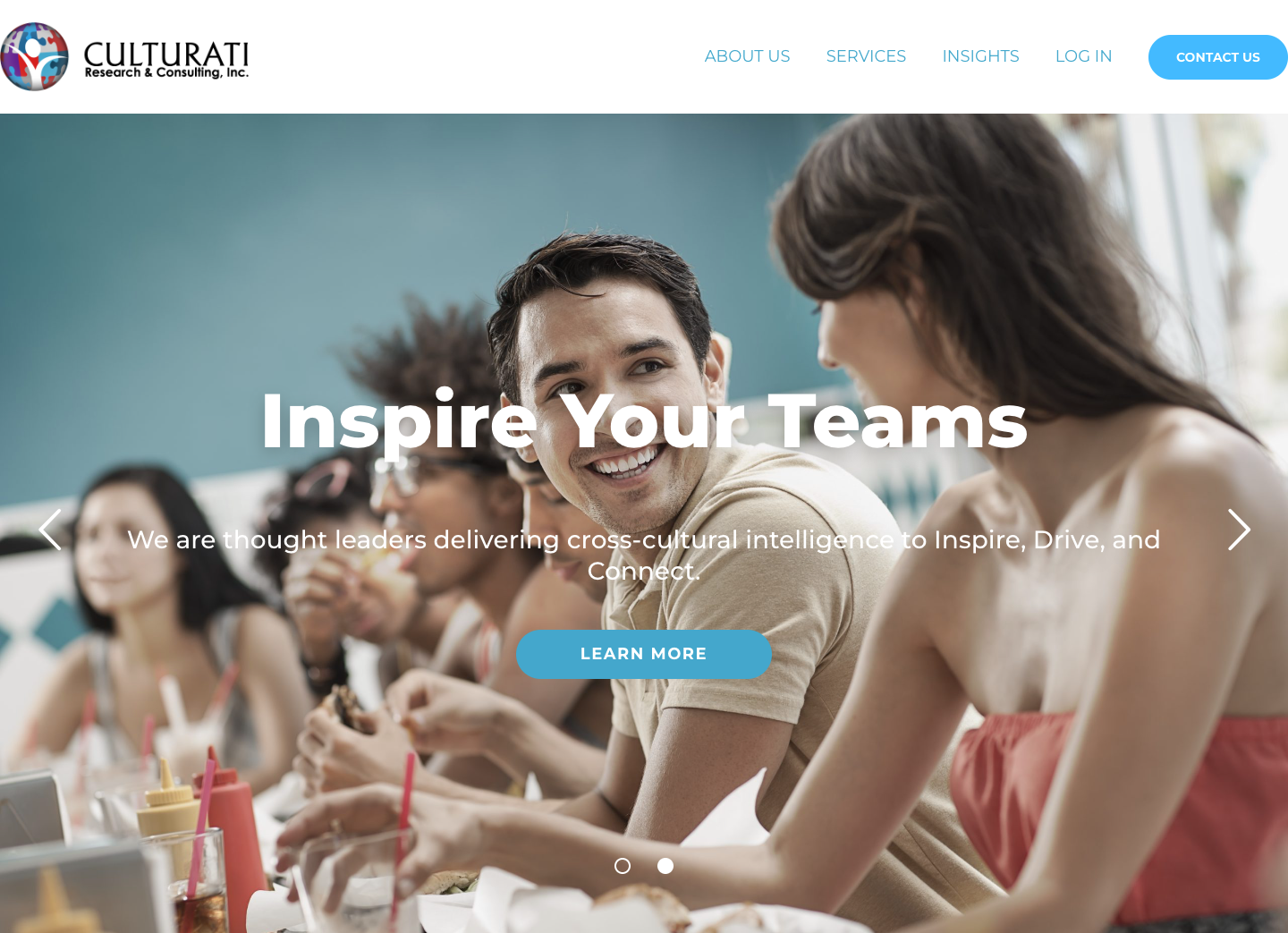 Culturati Research & Consulting homepage showing the cultural intelligence platform with clean modern design, featuring navigation for Services, Insights, Leadership, News, Blog, and Syndicated Studies.