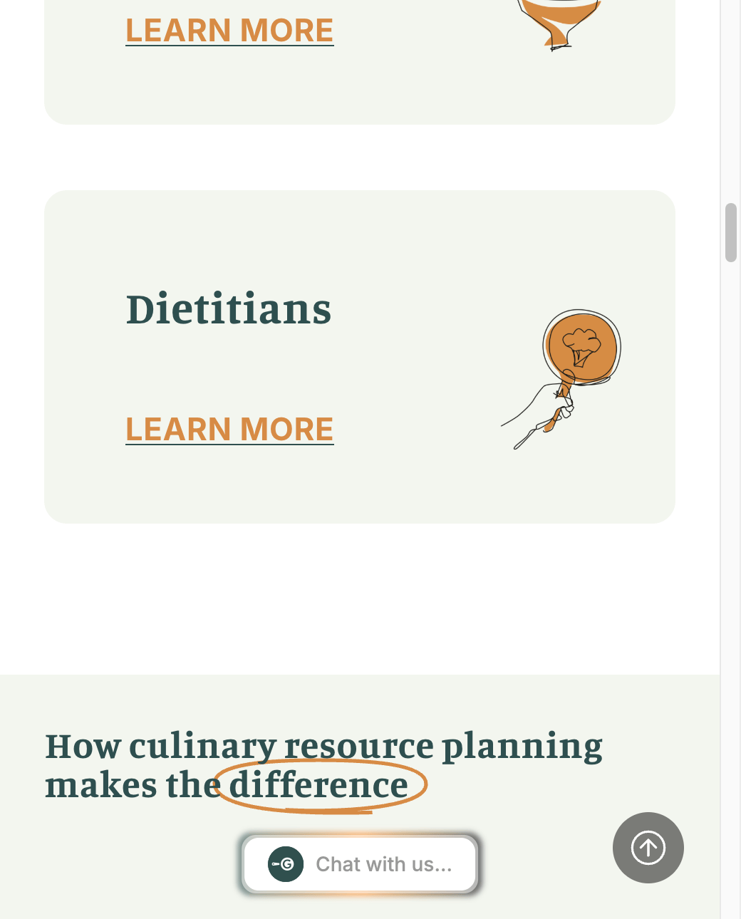 Dietitians audience tile with a hand-drawn magnifying glass illustration, sitting above the "How culinary resource planning makes the difference" section.