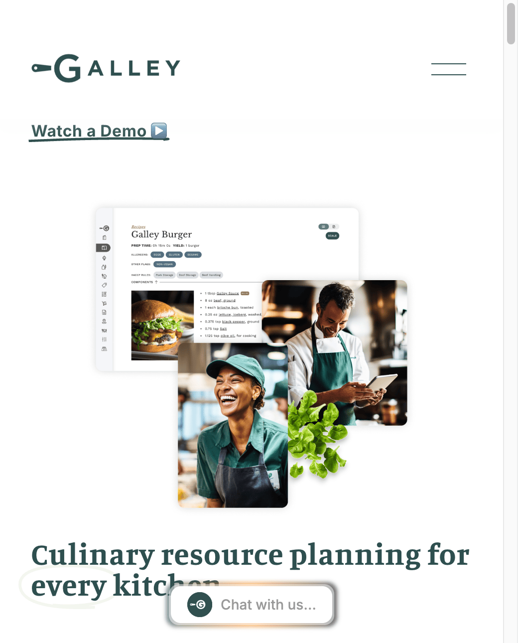 Galley Solutions homepage hero, "Culinary resource planning for every kitchen," featuring the refreshed brand with real photography of working chefs and the CRP recipe interface.