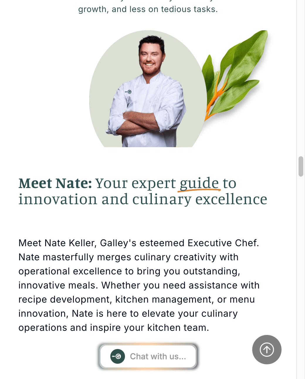 "Meet Nate" section featuring Galley's Executive Chef in chef whites, grounding the brand in real people from real kitchens.