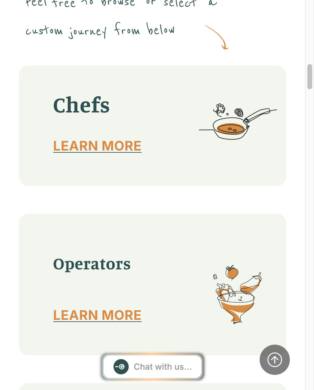 Galley homepage solutions section with hand-drawn illustrations introducing the Chefs and Operators audience tiles on the rebuilt sitemap.