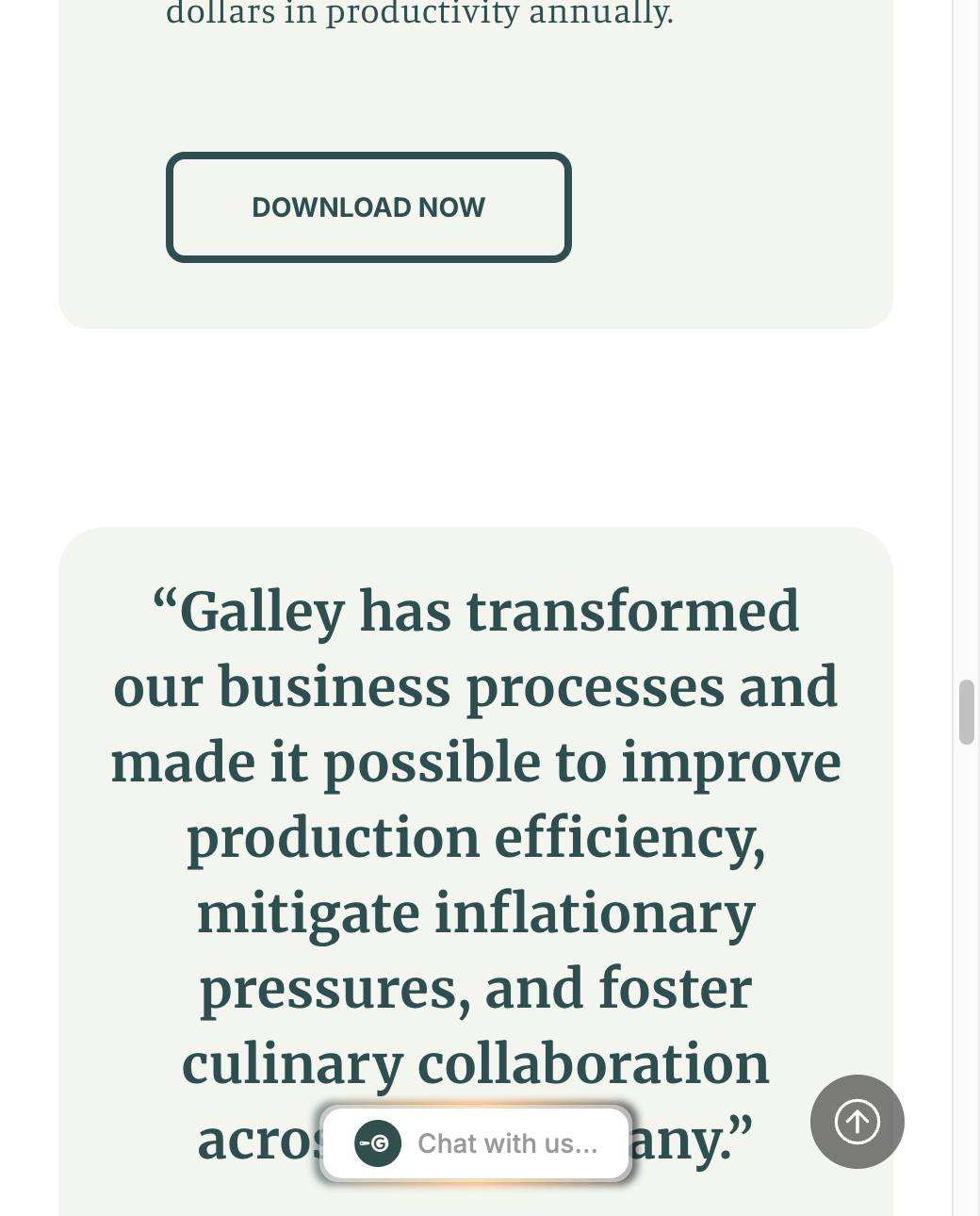 Customer testimonial block on the Galley homepage quoting a catering executive chef on how the platform transformed their business processes.