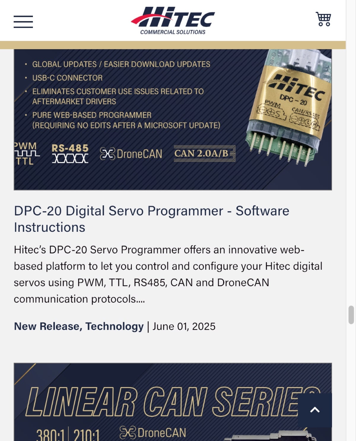 Hitec news section showing a 2025 product release post for the DPC-20 Digital Servo programr, demonstrating the ongoing publishing cadence on the site.