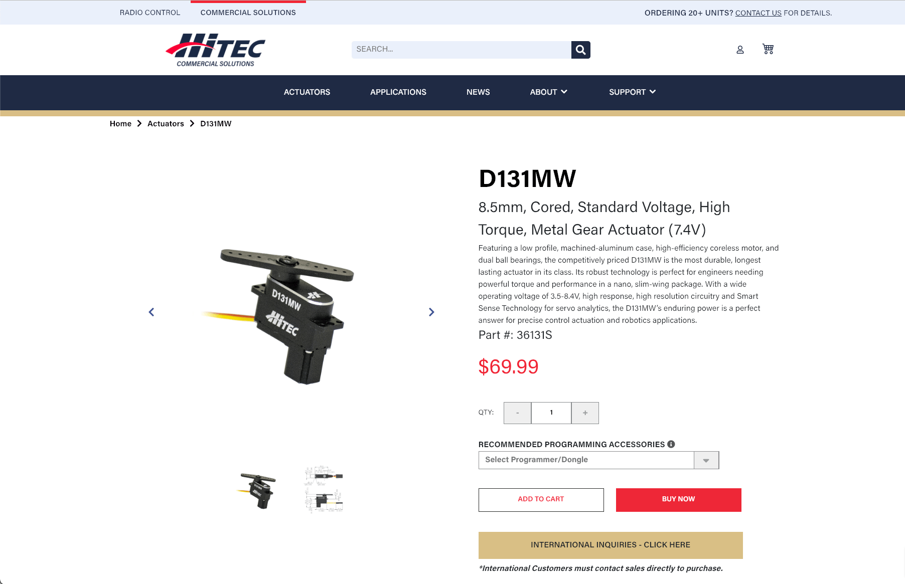 Screenshot of the Hitec product detail page for the D131MW actuator showing imagery, specifications, price, and add to cart actions.