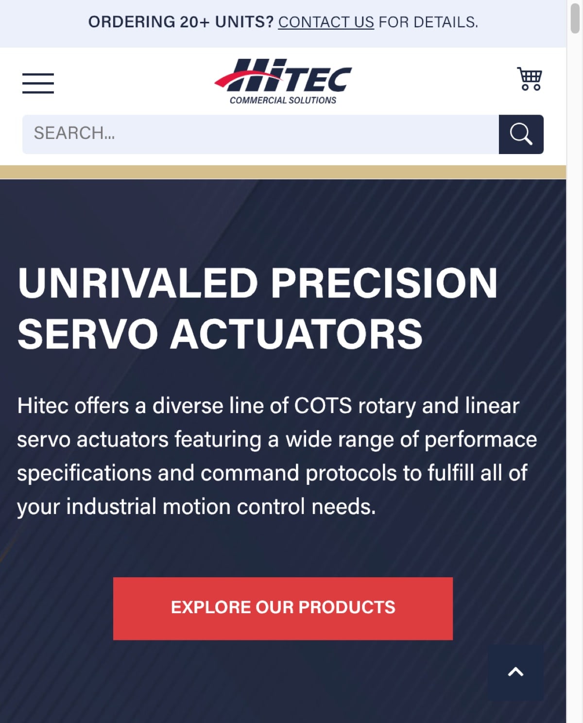 Hitec Commercial Solutions homepage with "Unrivaled Precision Servo Actuators" hero and red Explore Our Products CTA.