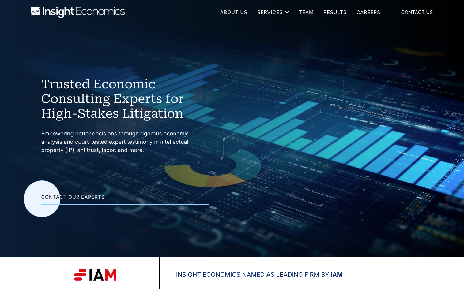 Insight Economics homepage featuring the credibility-first design with deep blues, 500+ Cases counter, and IAM Leading Firm recognition prominently displayed.