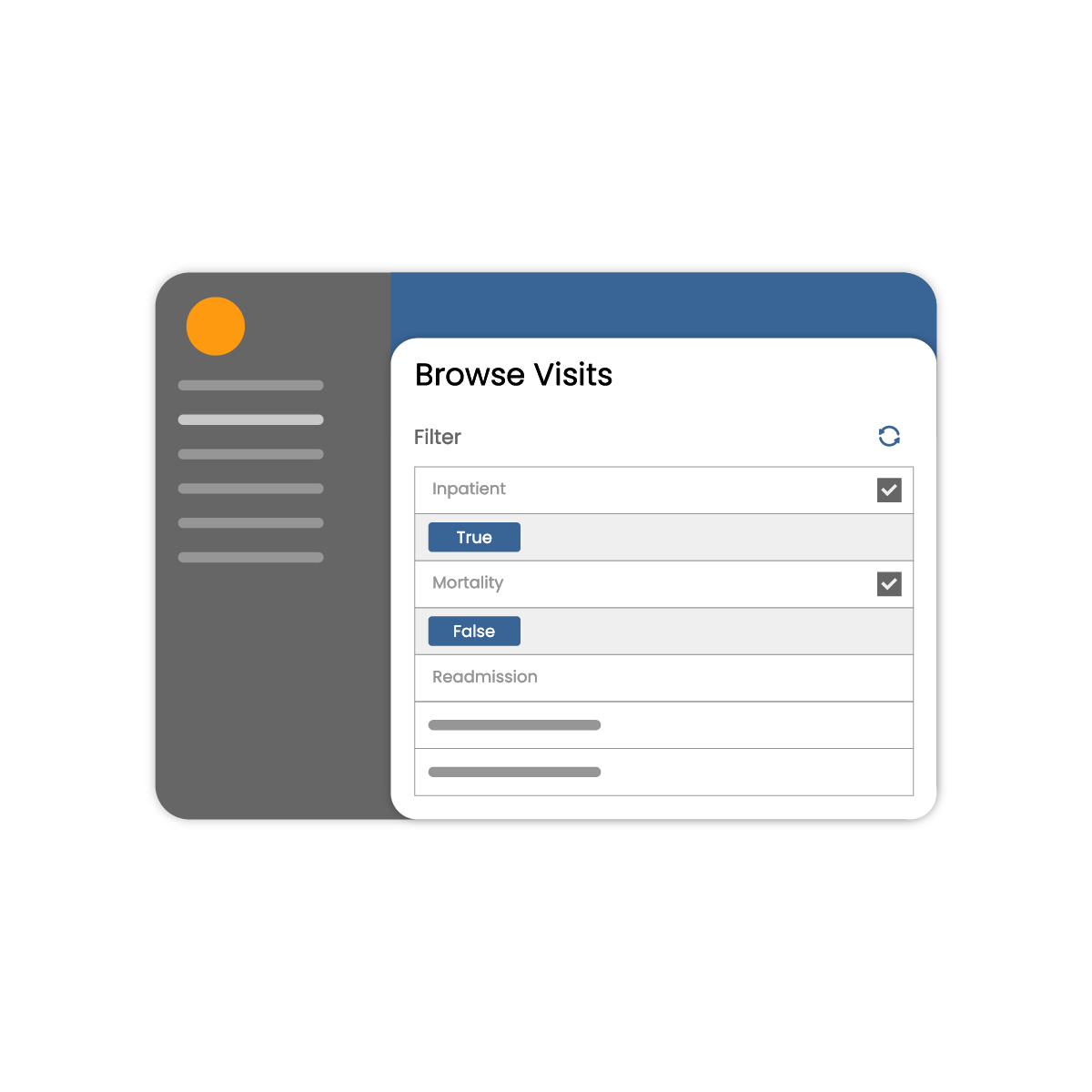MD-Staff software UI showing the Browse Visits screen with filter options for Inpatient, Mortality, and Readmission fields, reflecting the credentialing and provider data management capabilities of the platform.