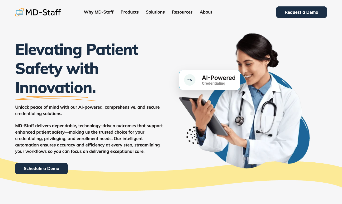 MD-Staff website homepage showing the headline "Elevating Patient Safety with Innovation" alongside an AI-Powered Credentialing product callout and a nurse holding a tablet, built on WordPress with a modern blue and yellow brand palette.