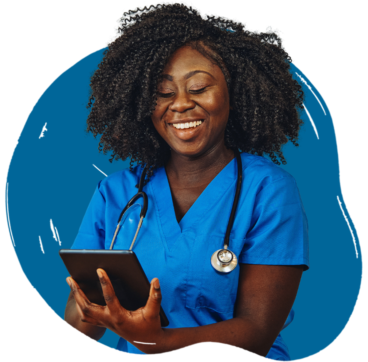 A smiling nurse in blue scrubs holding a tablet, used as a visual persona asset on the MD-Staff website to represent the clinical professionals the software serves.