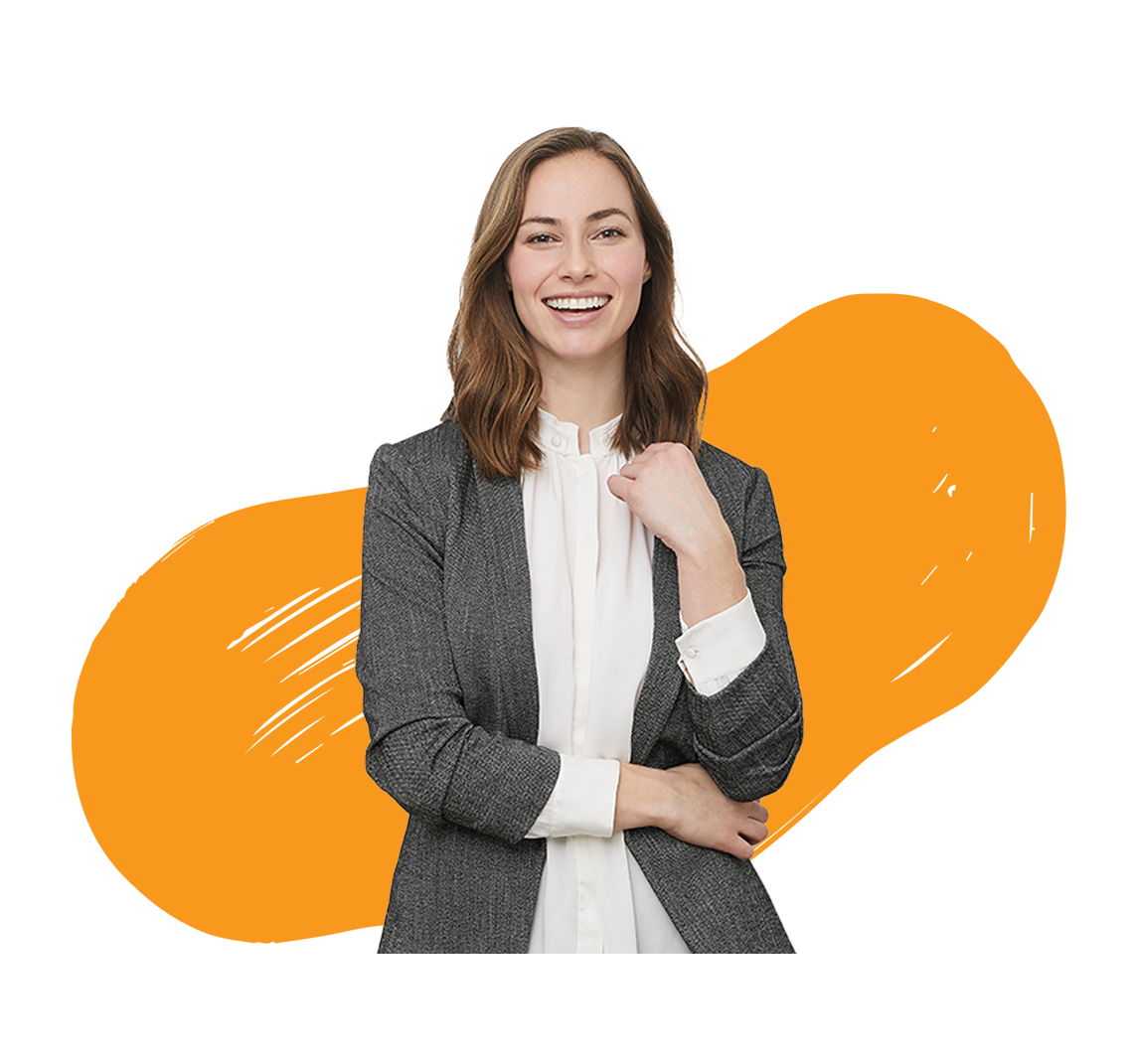 A smiling woman in business casual attire against an orange background, used as a persona asset on the MD-Staff site to represent the healthcare administrators and credentialing directors who evaluate and purchase the software.
