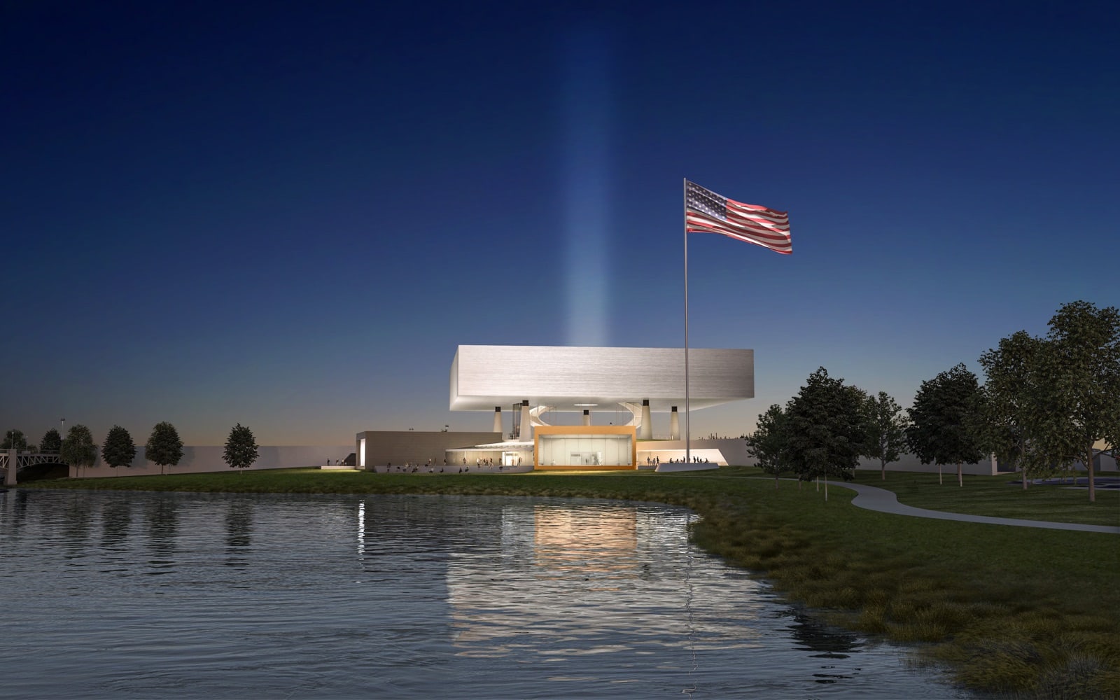 The National Medal of Honor Museum lakeside approach, one of the civic landscape projects MPFP leads. Used on the rebuilt Webflow homepage.