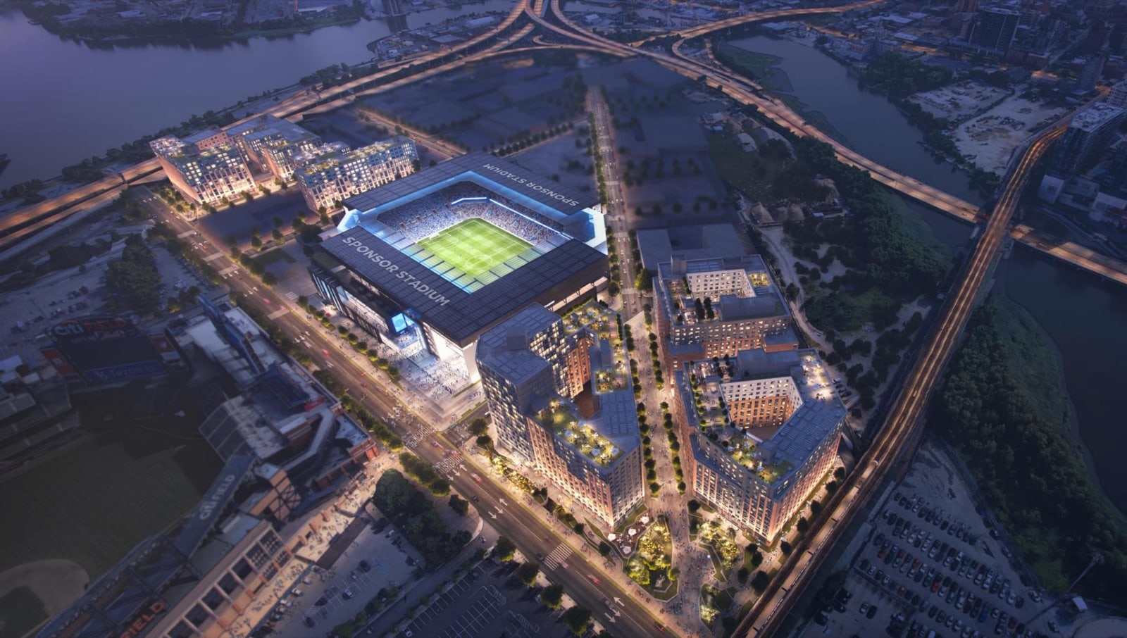 Aerial night rendering of the NYCFC Stadium and surrounding Willets Point development, presented on the rebuilt Webflow project page.