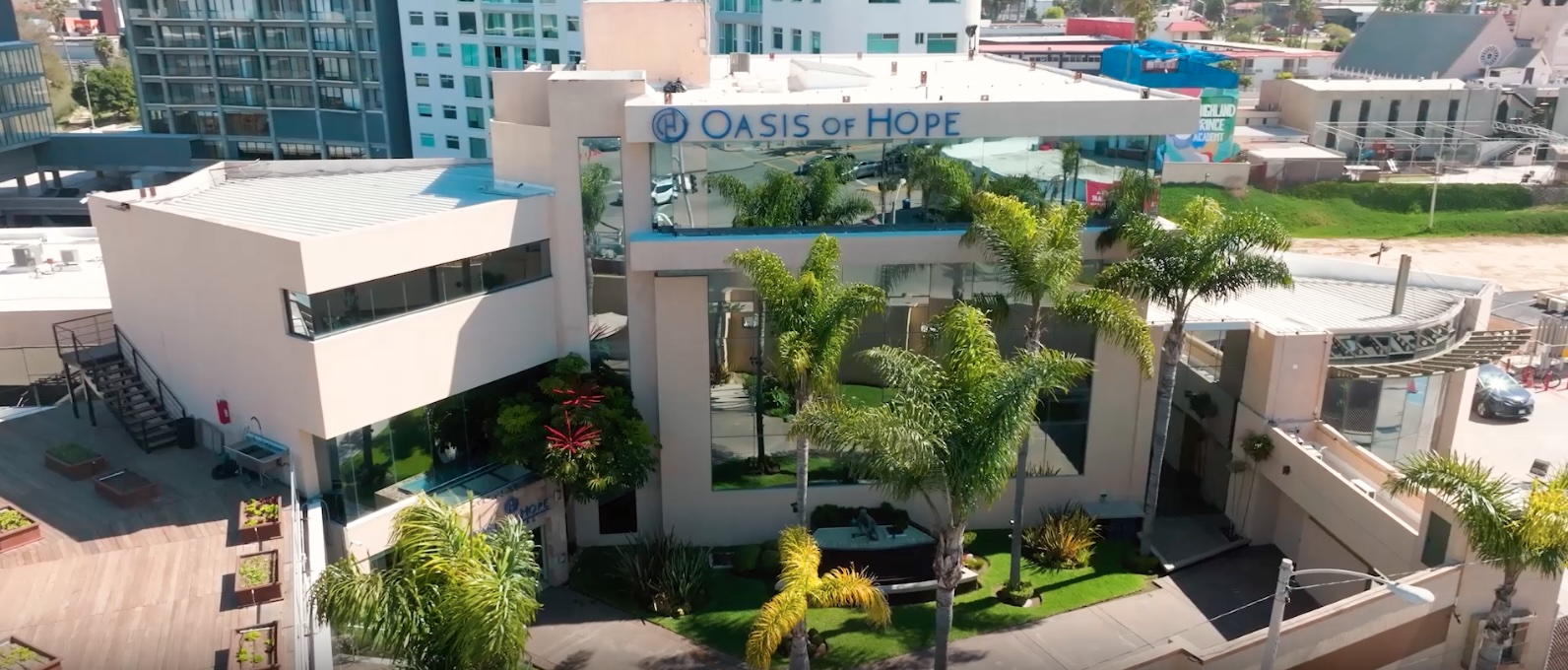 Aerial drone photograph of the Oasis of Hope Hospital building in Tijuana, Mexico, with the Oasis of Hope logo and signage visible on the rooftop, surrounded by palm trees and a landscaped courtyard — representing the world-class integrative oncology cancer treatment center.