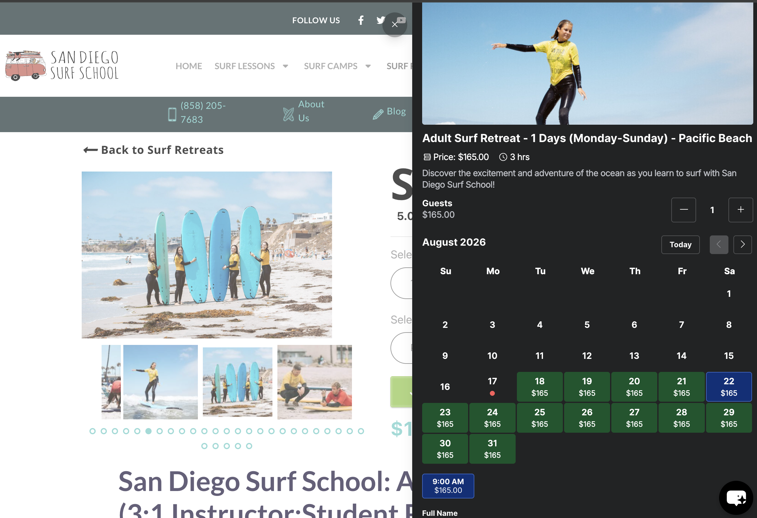 San Diego Surf School Adult Surf Retreat product page showing a booking calendar with available dates in August 2026 at $165.00, time slot selection, and a full name intake form — the booking API integration built on WordPress that replaced Shopify's limited checkout functionality.
