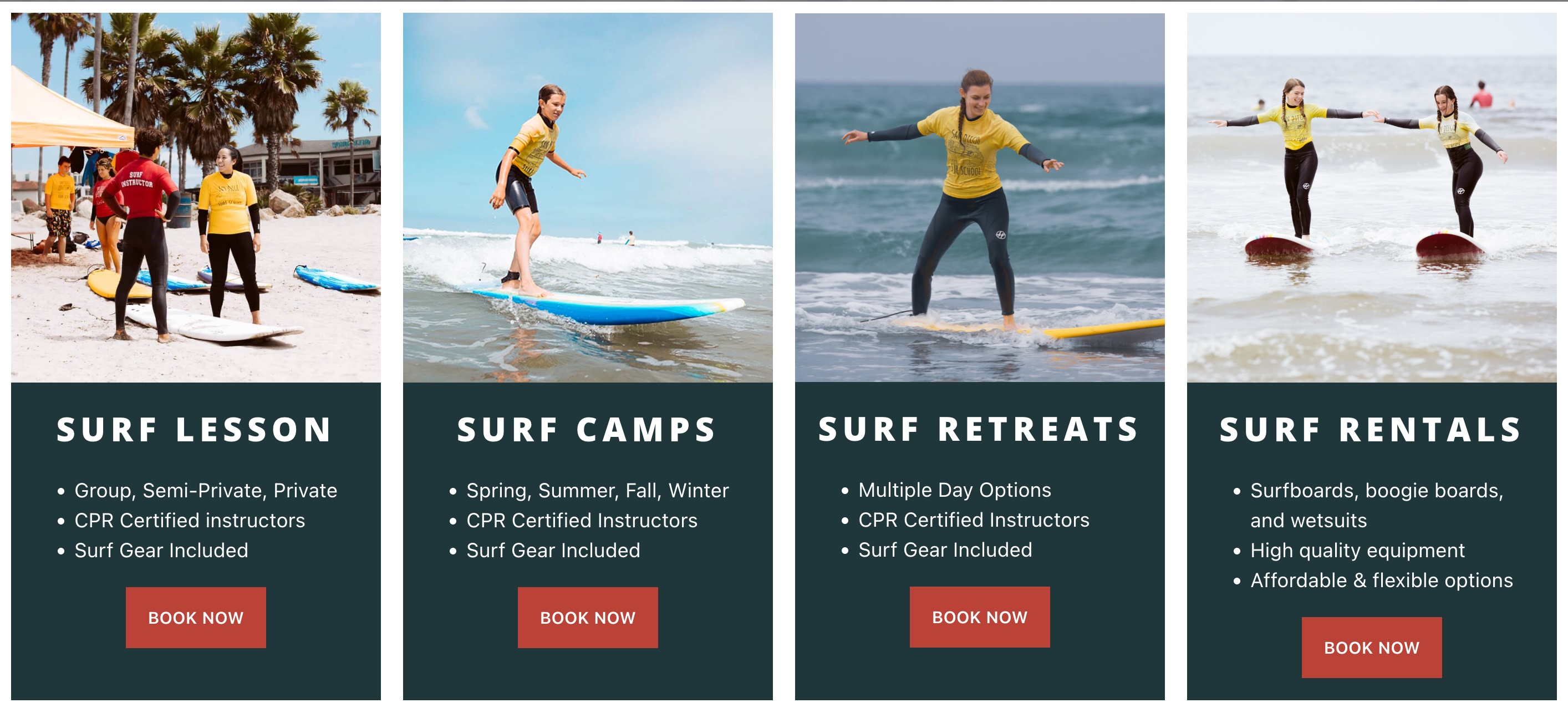 San Diego Surf School homepage service category grid showing four cards — Surf Lesson, Surf Camps, Surf Retreats, and Surf Rentals — each with photos of instructors and students, bullet-point details, and individual Book Now buttons, representing the restructured site architecture built on WordPress.
