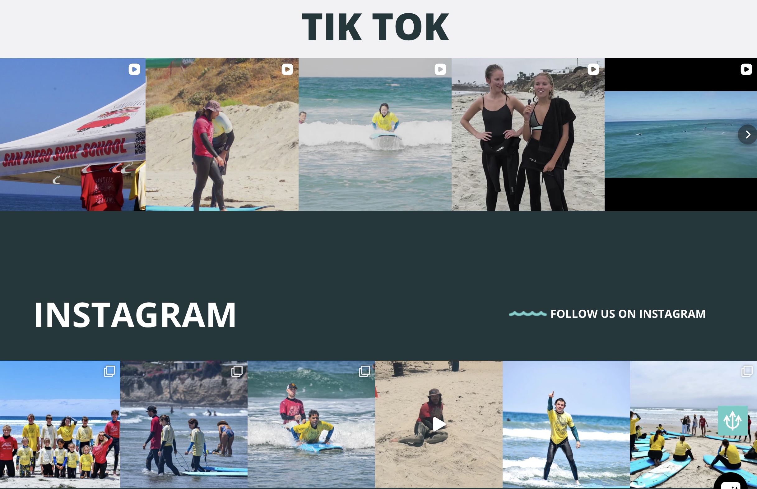 San Diego Surf School website showing embedded TikTok and Instagram social feed sections — live video content from surf lessons and camps displayed directly on the site, representing the social media integrations built into the WordPress platform.