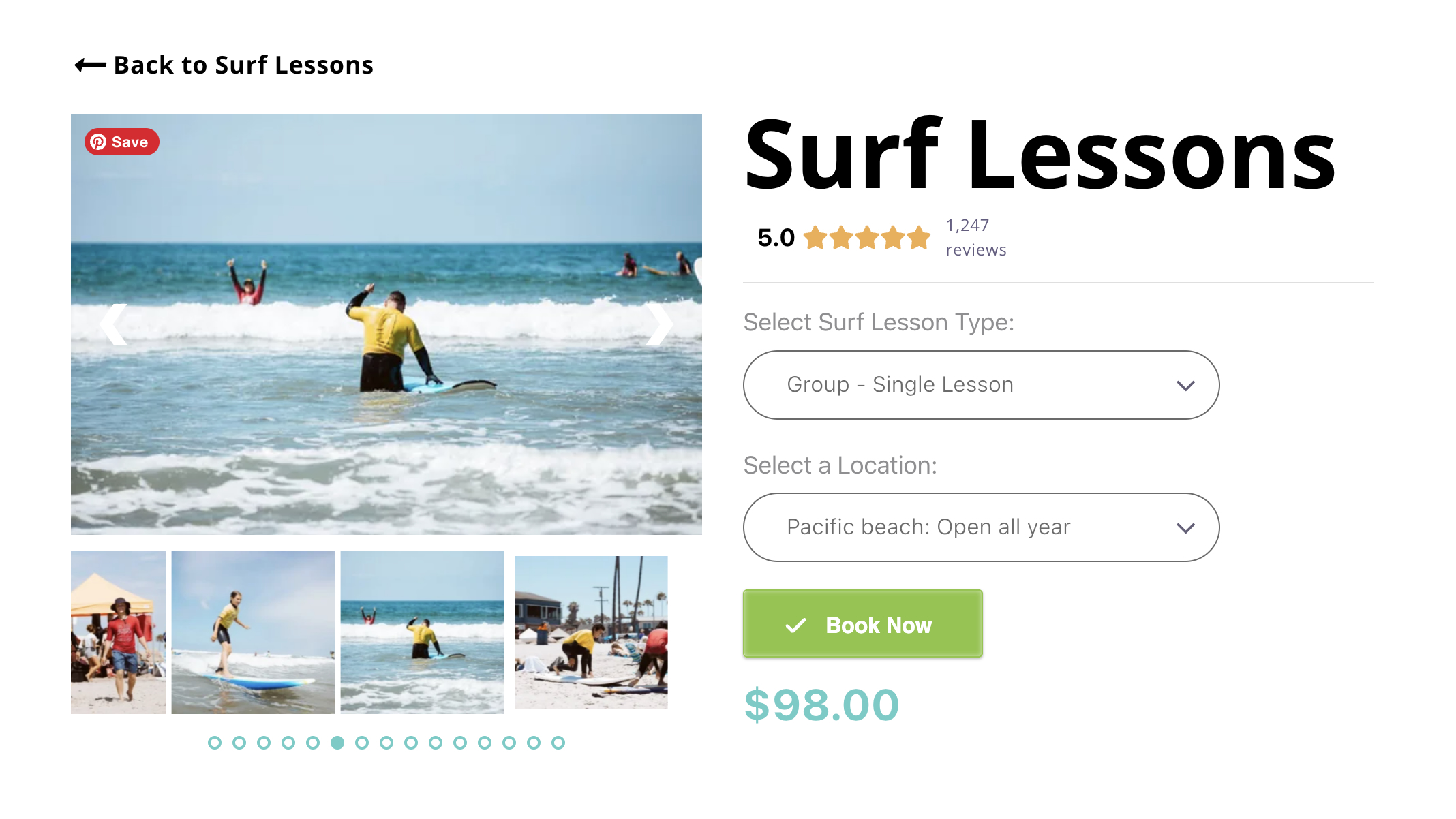 San Diego Surf School Surf Lessons product page showing a 5.0 star rating with 1,247 reviews, lesson type and location selectors, a green Book Now button, and $98.00 pricing — the redesigned product page built on WordPress with booking API integration after migration from Shopify.