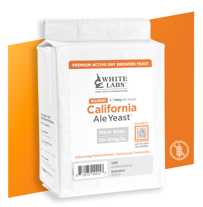 White Labs WLP001 California Ale Yeast 500g bag product packaging with the Premium Active Dry Brewers Yeast label, pitch rate guidelines, and QR code — representing the redesigned WooCommerce product catalog built for multiple audience types and packaging formats.
